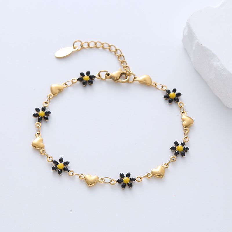 Simple Heart Flower Enamel Gold Plated Stainless Steel Bracelet