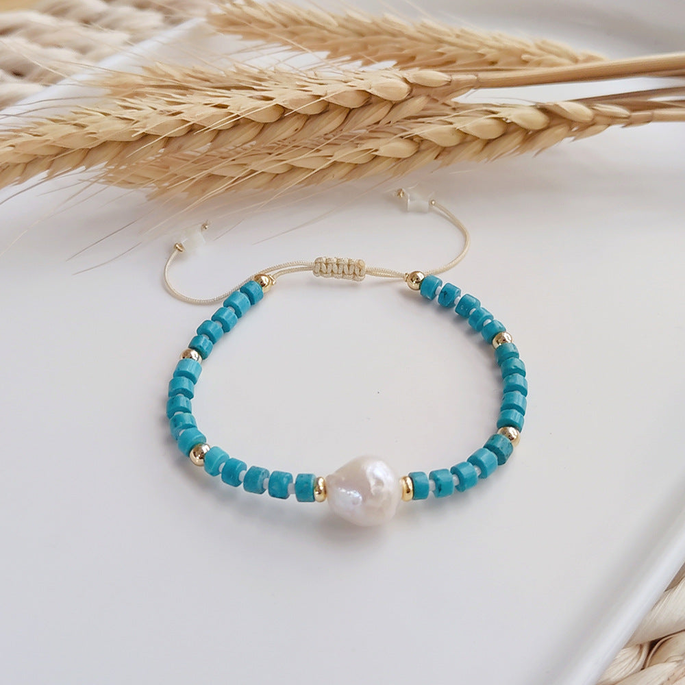 Geometric Turquoise Freshwater Pearl Bohemian Knitted Bracelet