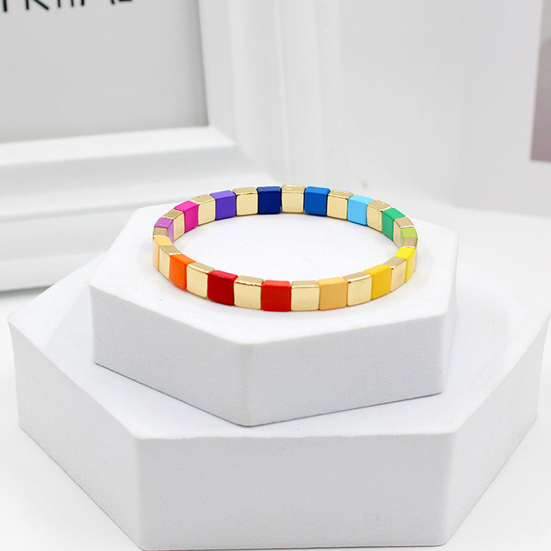 Colorful Square Alloy Enamel Beaded Women's Bohemian Stretch Bracelet