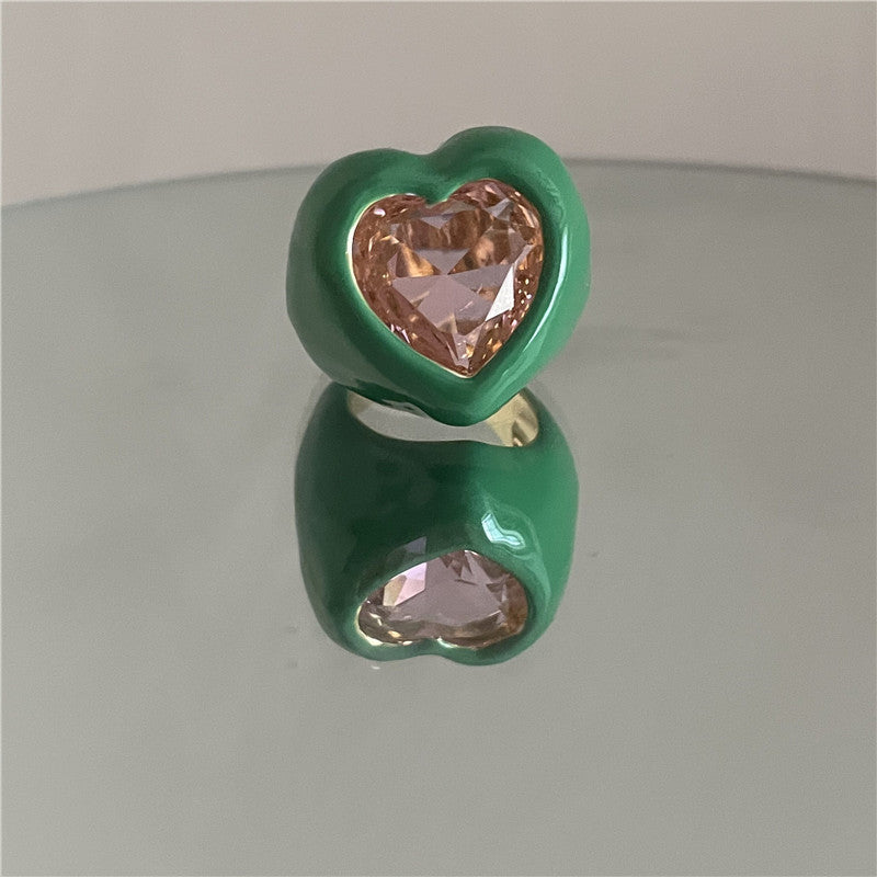 Colorful Enamel Heart-shaped Gemstone Ring - Bold Fashion Design