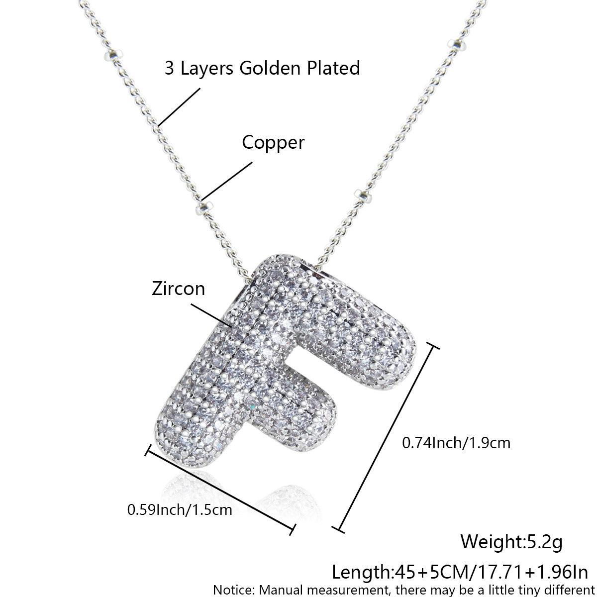 Elegant Zircon Letter Pendant Necklace - 304 Stainless Steel with Copper Plating