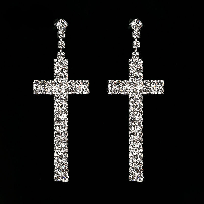 Elegant Crystal Long Cross Drop Earrings for Women