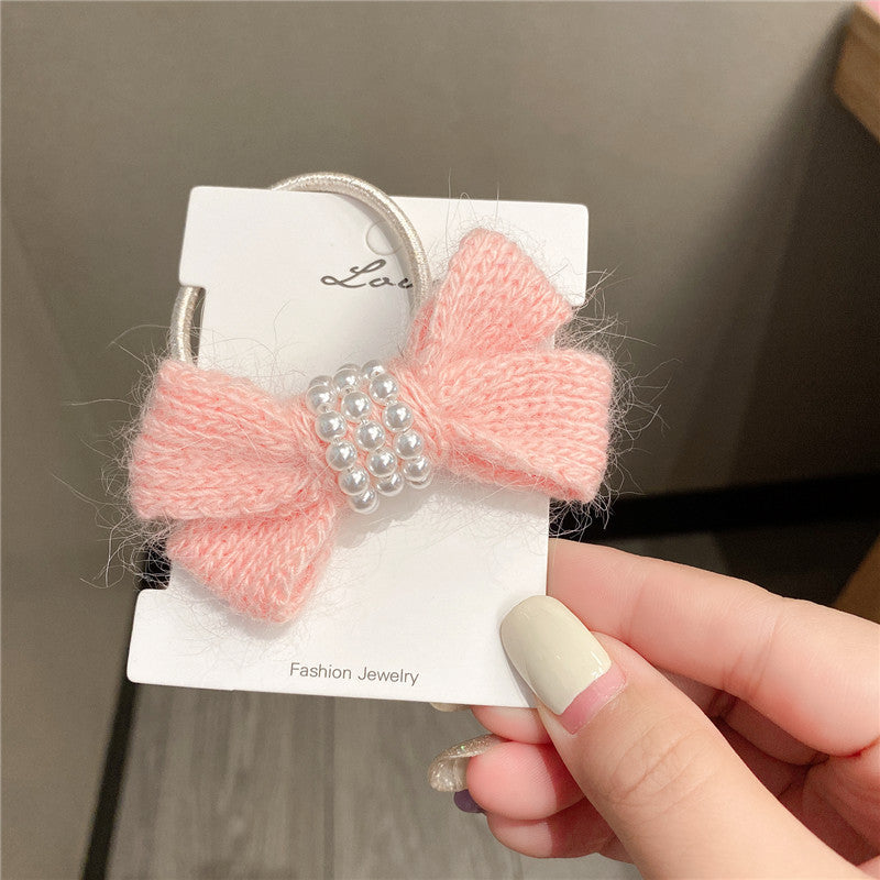 Autumn Winter Bow Wool Headband with Pearl Hair Tie for Women