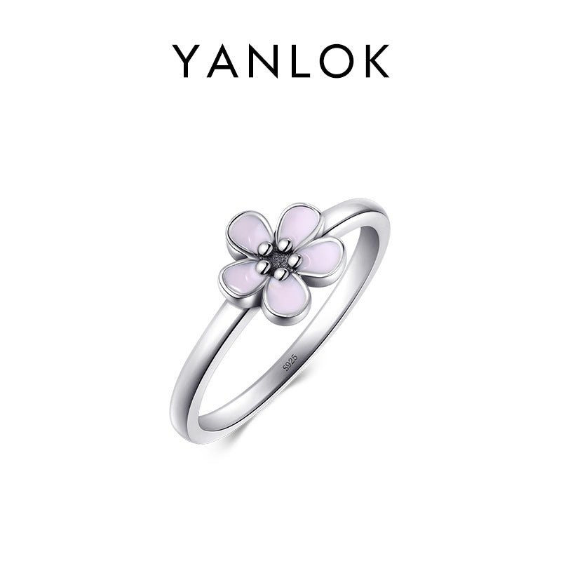 Korean Style Purple Enamel Flower Sterling Silver Ring