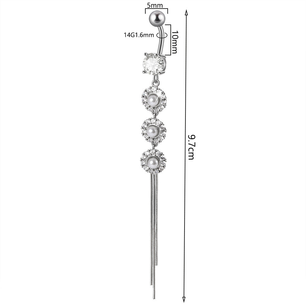 Geometric Stainless Steel Zircon Inlay Long Tassel Belly Ring with Faux Pearl