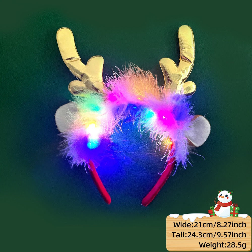 Christmas LED Light-Up Reindeer Antler Headband with Feather Trim