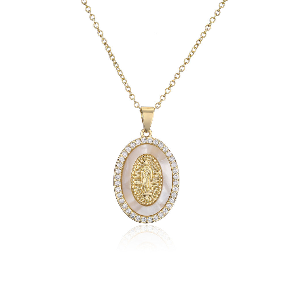 Classic Religious Jewelry Copper Plated 18K Gold Zircon Virgin Mary Pendant Necklace Female