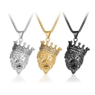 304 Stainless Steel Lion Pendant Necklace with Crown and Rhinestones - Modern Punk Style