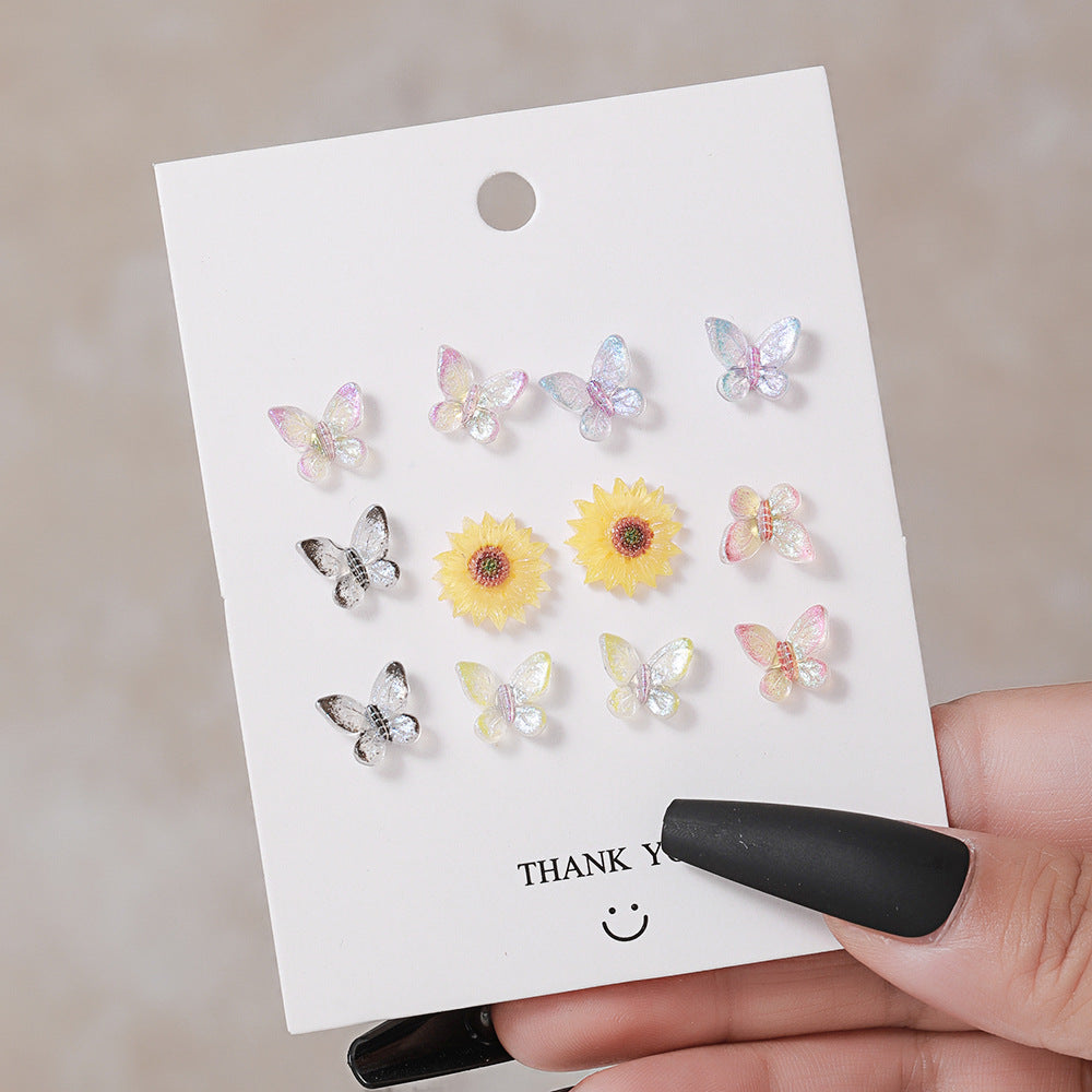 1 Set Colorful Resin Heart and Flower Stud Earrings - 6 Pairs Korean Style Jewelry for Women