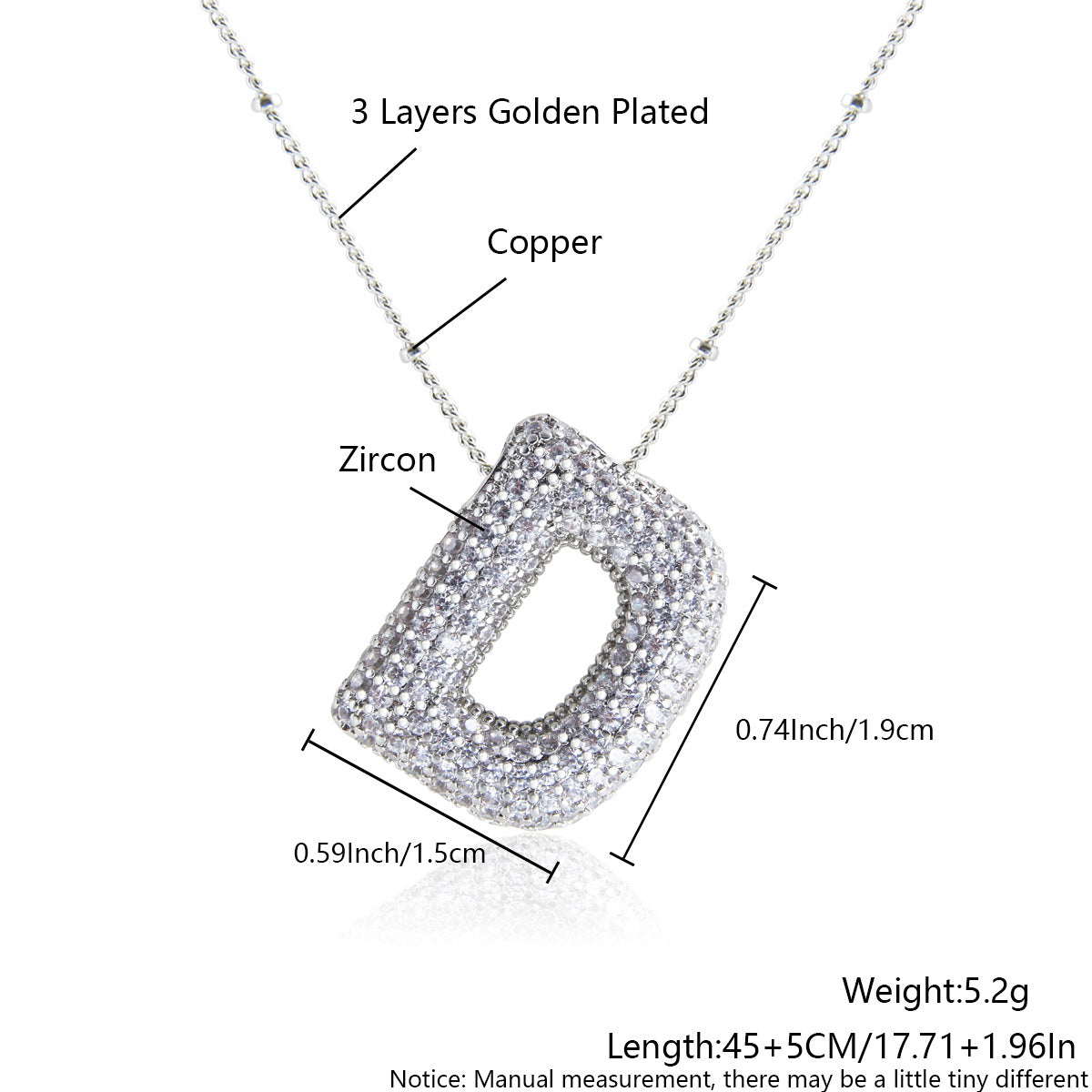 Elegant Zircon Letter Pendant Necklace - 304 Stainless Steel with Copper Plating