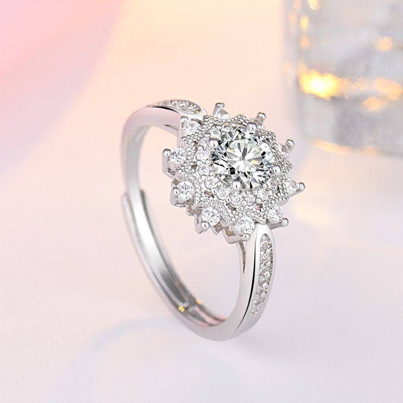 Silver Snowflake Moissanite-Inspired Adjustable Ring