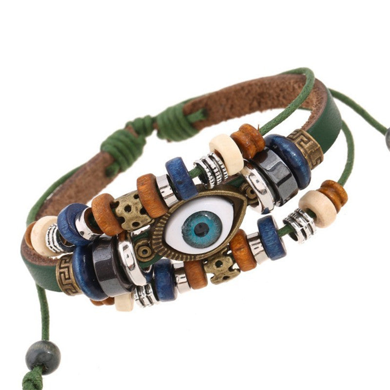 Retro Beaded Eye Leather Bracelet - Adjustable Unisex Jewelry