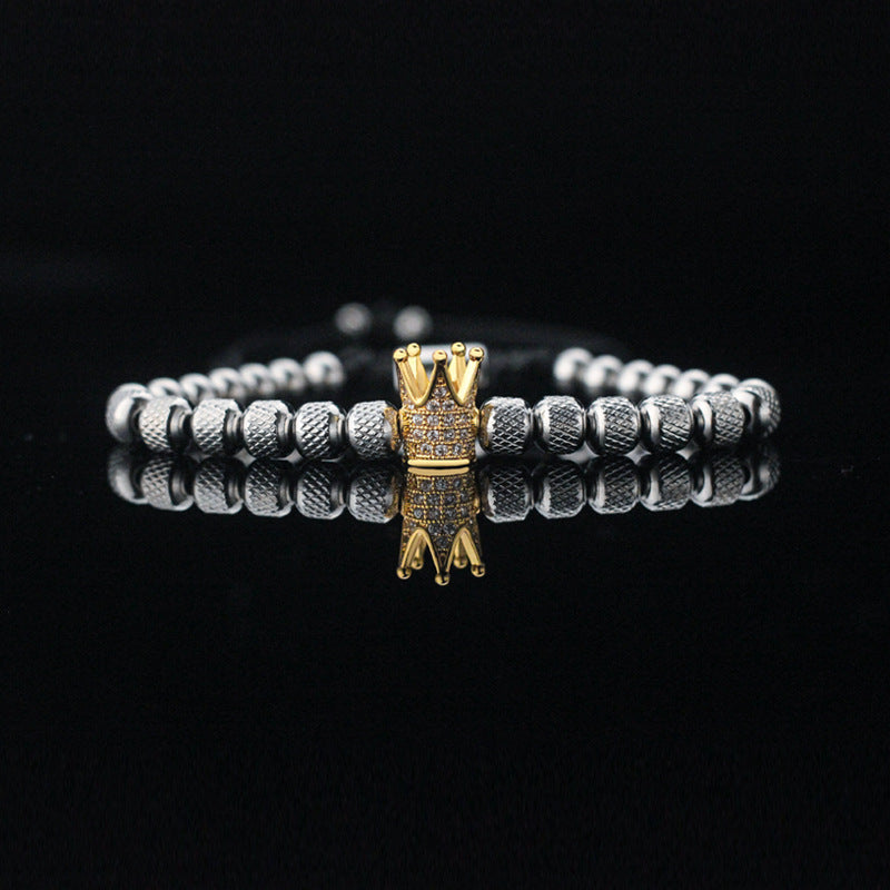 Retro Crown Titanium Steel Zircon Beaded Adjustable Bracelet