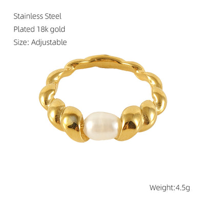 18K Gold Plated Stainless Steel Irregular Pearl Spiral Design Ring