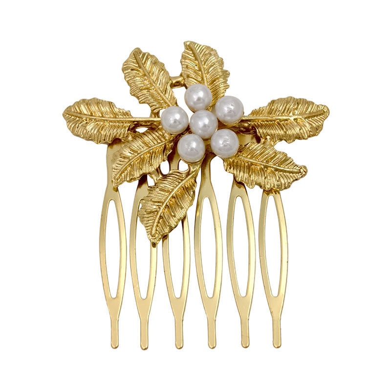 Retro Diamond Pearl Leaf Hair Comb Clip