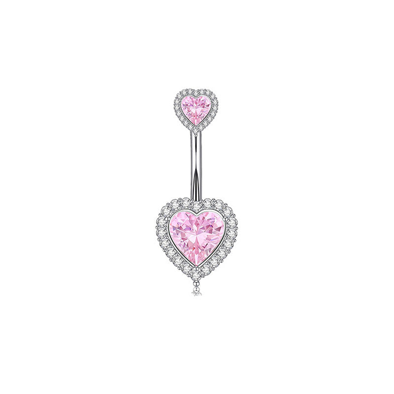 1 Piece Heart Shaped Zirconia Belly Rings Stainless Steel Inlay Rhinestones Pink Fashion Piercing Jewelry