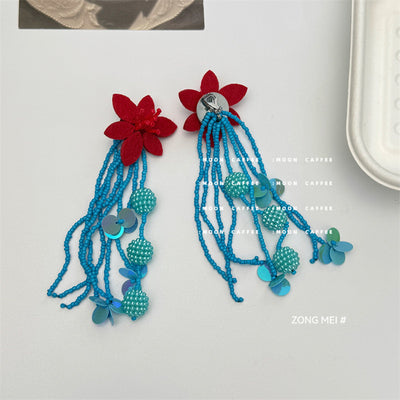 IG Style Retro Flower Beaded Tassel Resin Drop Earrings