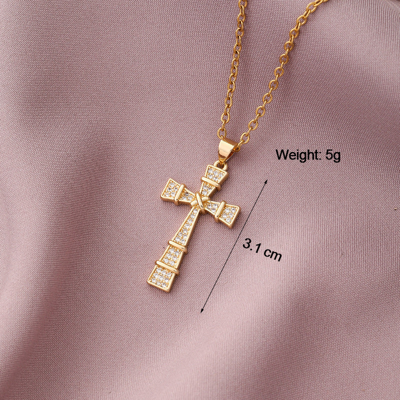 Copper Plated Zircon Cross Pendant Necklace for Men and Women