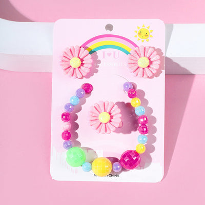 Cartoon Flower Acrylic Beaded Jewelry Set for Kids - Rings, Bracelets, Earrings