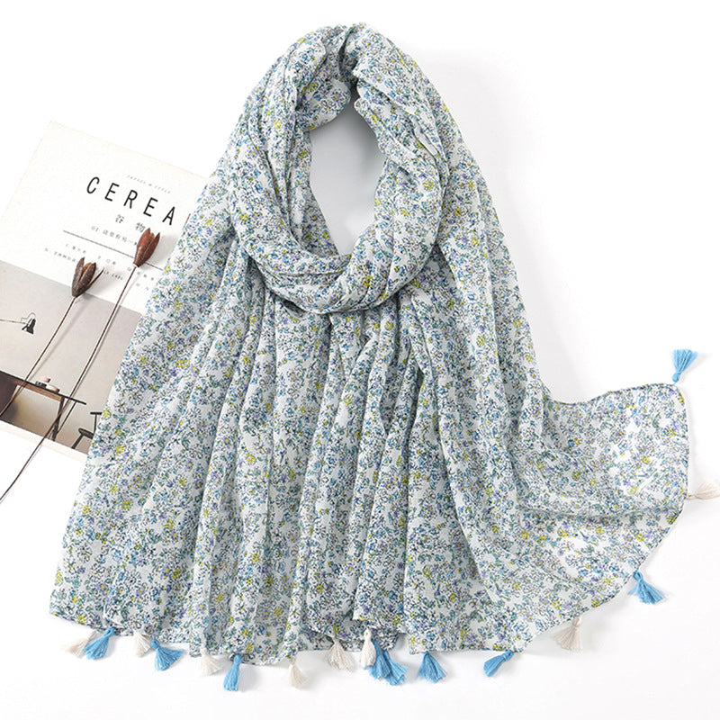 Women's Vintage Bohemian Floral Cotton Linen Print Scarf with Tassels