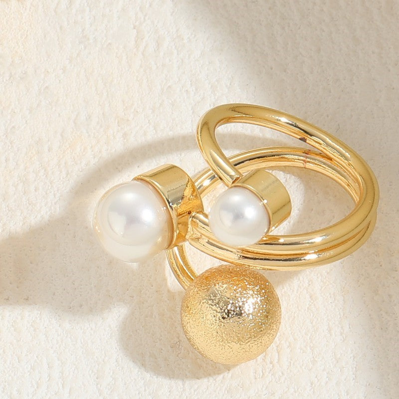 Elegant Geometric Star 14K Gold Plated Open Ring with Artificial Pearls