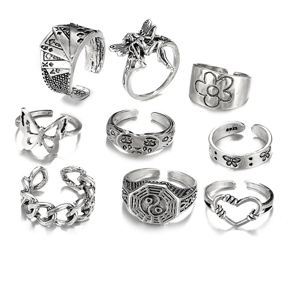 Vintage Alloy Mushroom & Heart Ring Set - 13 Pieces