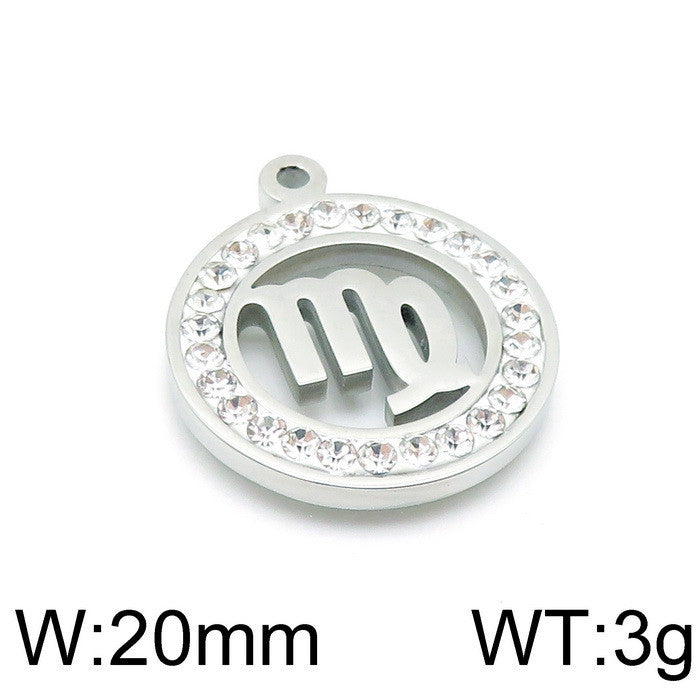 Classic Stainless Steel Zodiac Constellation Pendant Necklace with Rhinestone Inlay