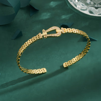 18K Gold Plated Zircon Chain Horseshoe Clasp Open Bangle Bracelet