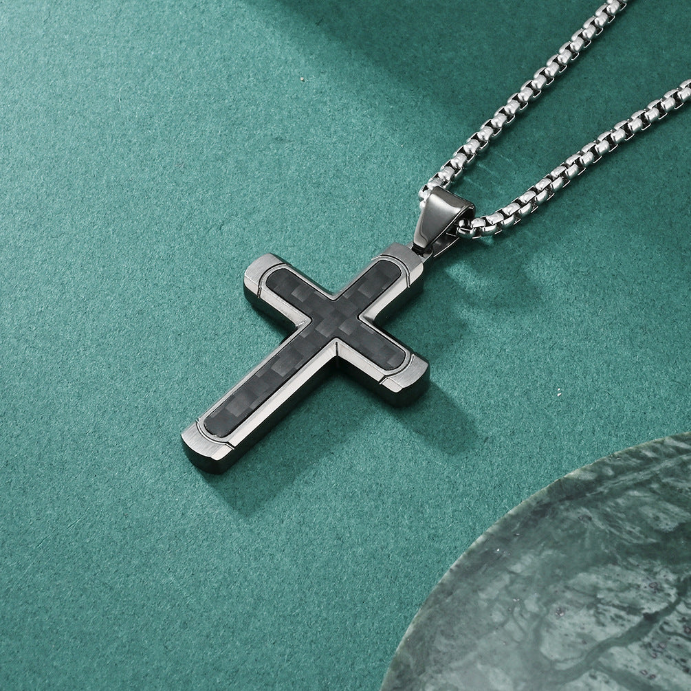 Retro Roman Cross Titanium Steel Carbon Inlay Men's Pendant Necklace