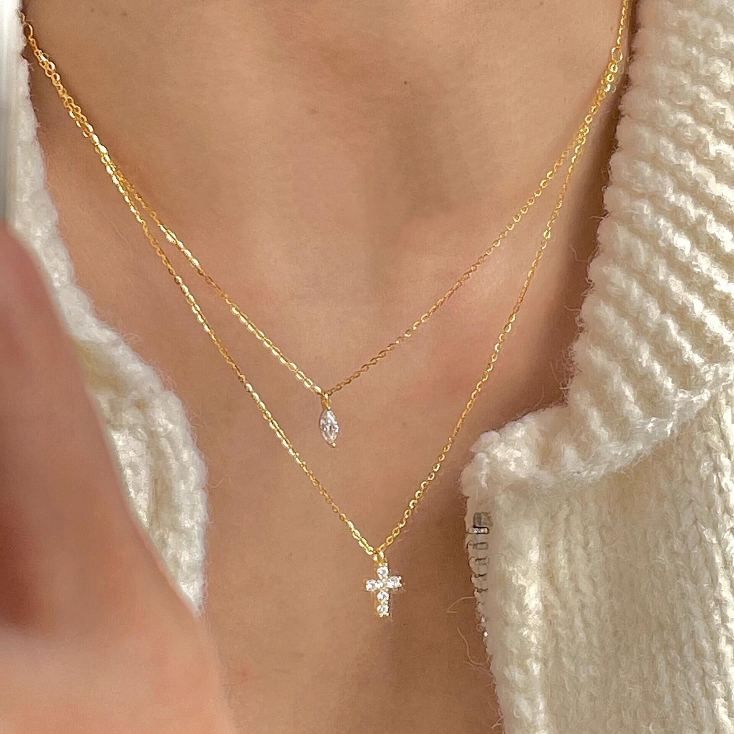 Simple Classic Cross Gold Plated Layered Necklace with Pearl Pendant