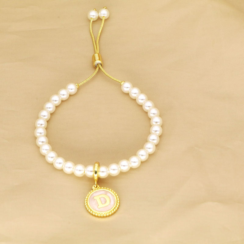 18K Gold Plated Adjustable Letter Pendant Imitation Pearl Bracelet