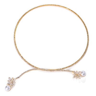 Geometric Flower Rhinestone Pearl Bridal Choker Necklace