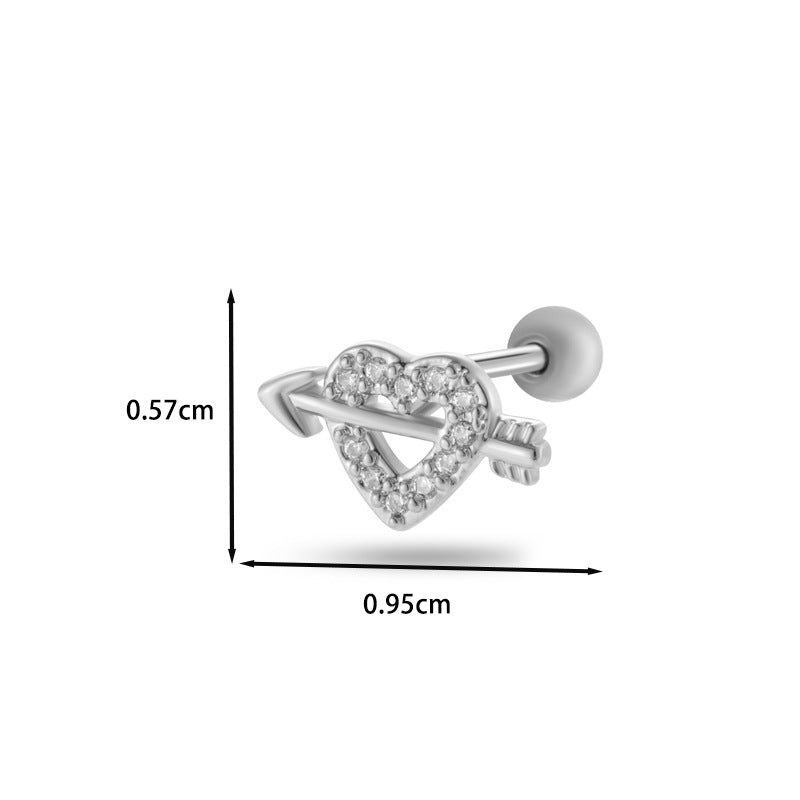 Korean Style Moon Heart Copper Zircon Cartilage Earrings with Titanium Steel Studs