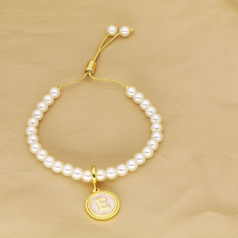 18K Gold Plated Adjustable Letter Pendant Imitation Pearl Bracelet