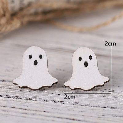 Vintage Halloween Pumpkin Ghost Bat Tassel Wooden Stud Earrings for Women