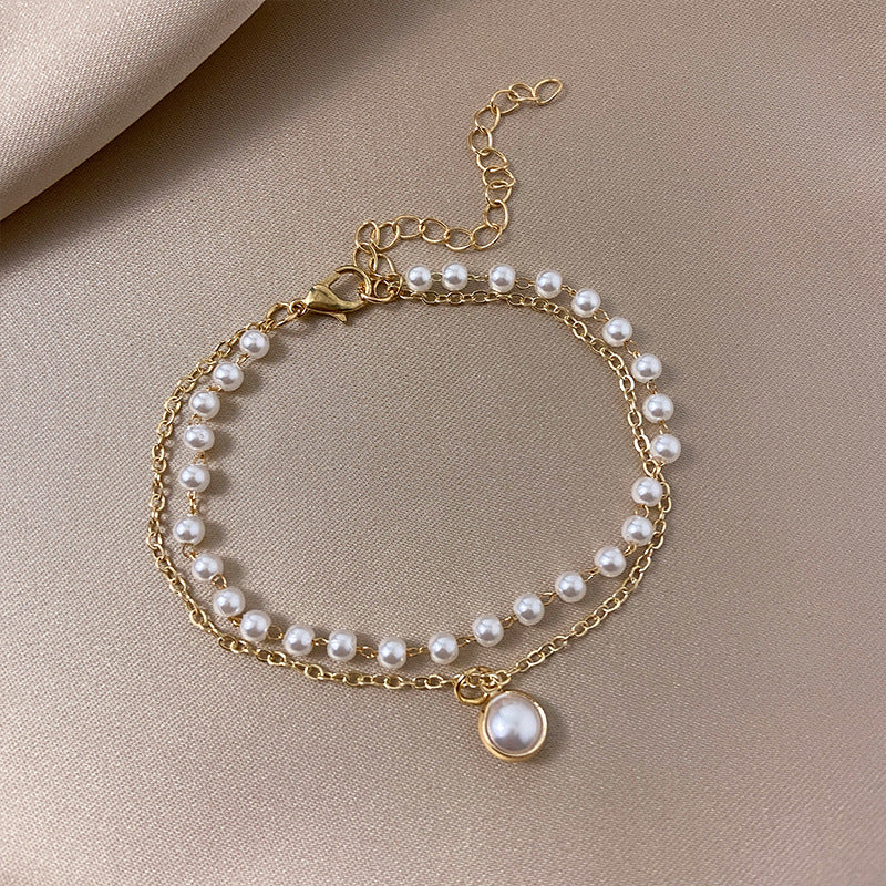 Geometric Alloy Beaded Double Love Pearl Bracelet for Women