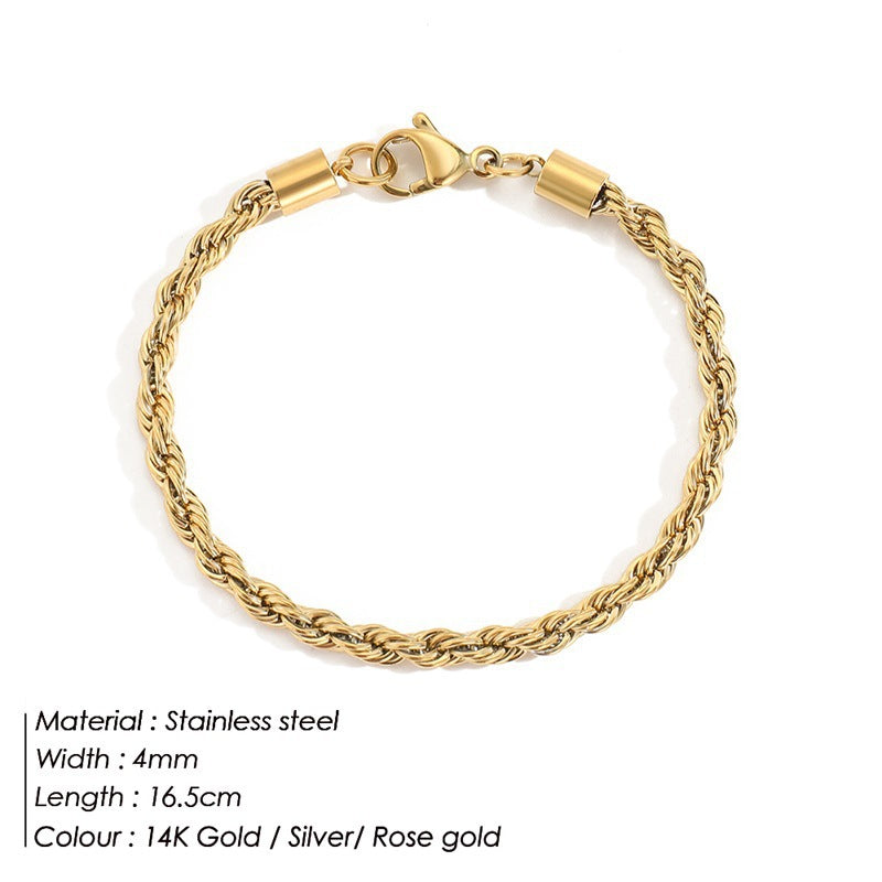 Stainless Steel Twist Chain Bracelet - 4mm Gold Hip Hop Punk Style Fashion Jewelry