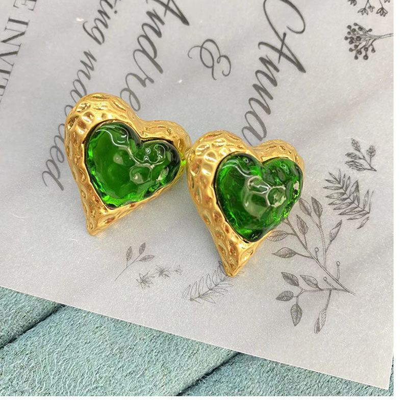 Gold Plated Heart Shape Glass Gemstone Stud Earrings with S925 Silver Needle