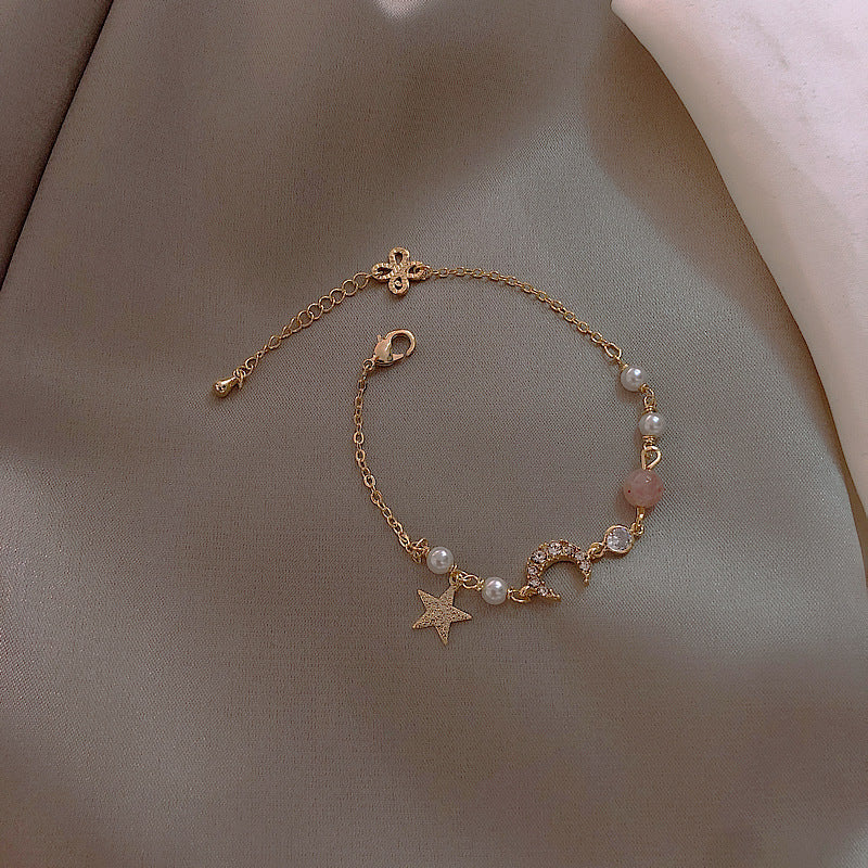 Elegant Star and Moon Zircon Pearl Women's Bracelet - Korean Fashion Design