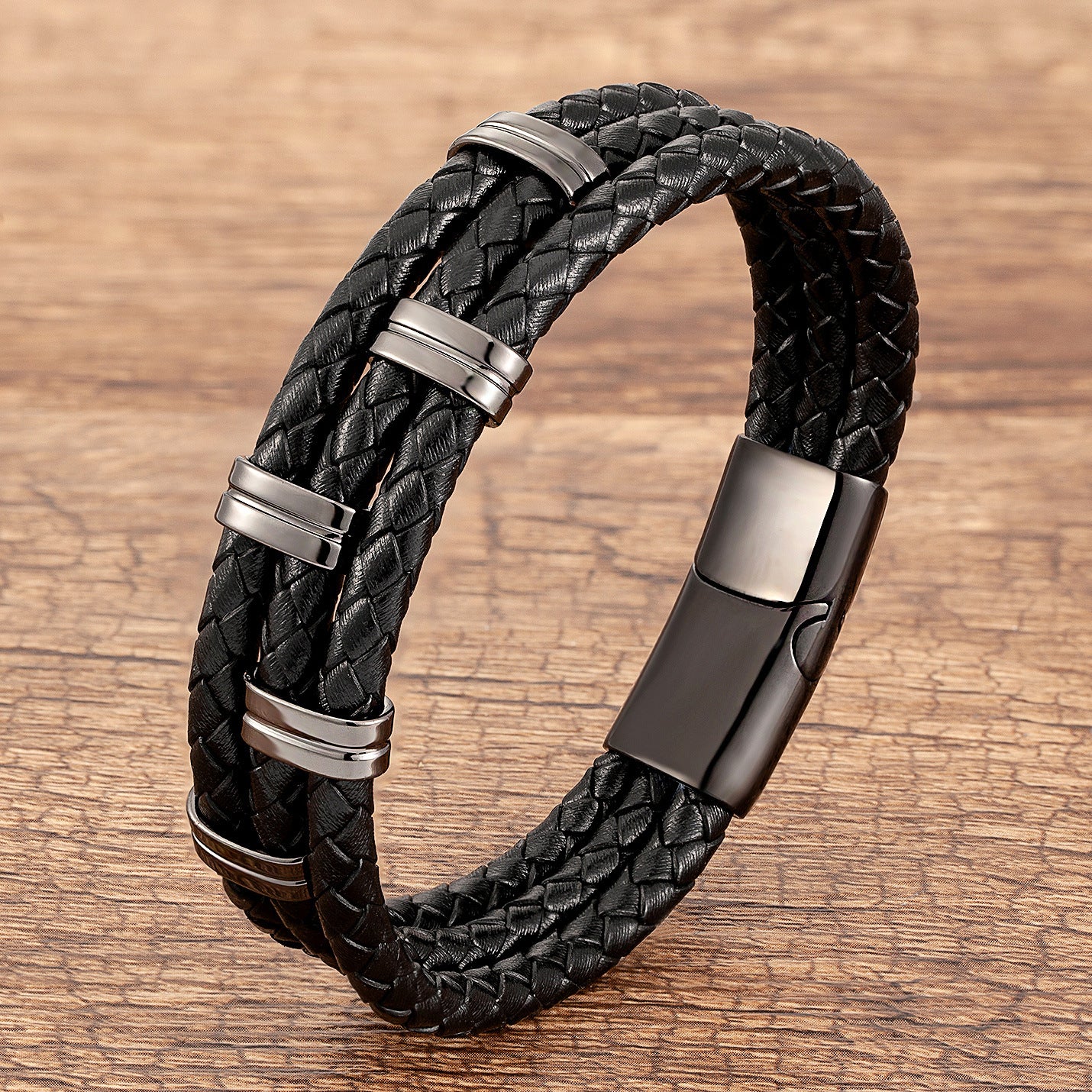 Men's Multi-Layer Punk Streetwear Stainless Steel Buckle Leather Bracelet