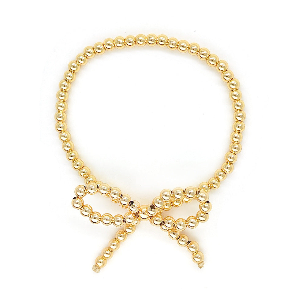 Simple Classic Bow Knot Imitation Pearl 18k Gold Beaded Bracelet for Women