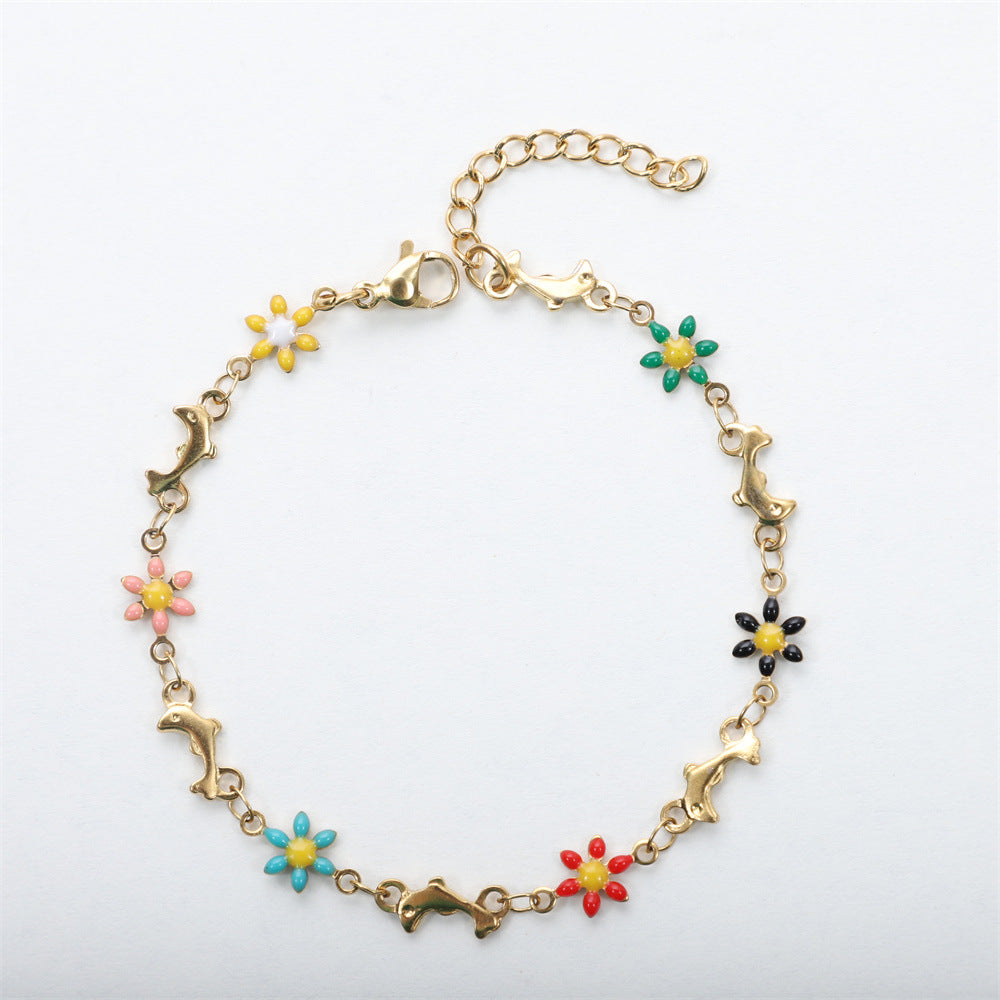 Daisy Dolphin Stainless Steel Bracelet Set with Colorful Enamel and 18k Gold Plating