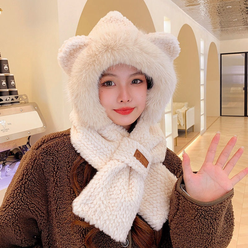 Women's Adorable Solid Color Woolen Scarf, Hat, and Gloves Set with Bear Design