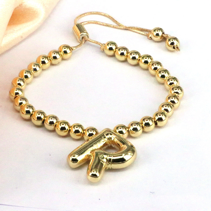 Copper Gold Plated Adjustable Initial Letter Beaded Bracelet for Women