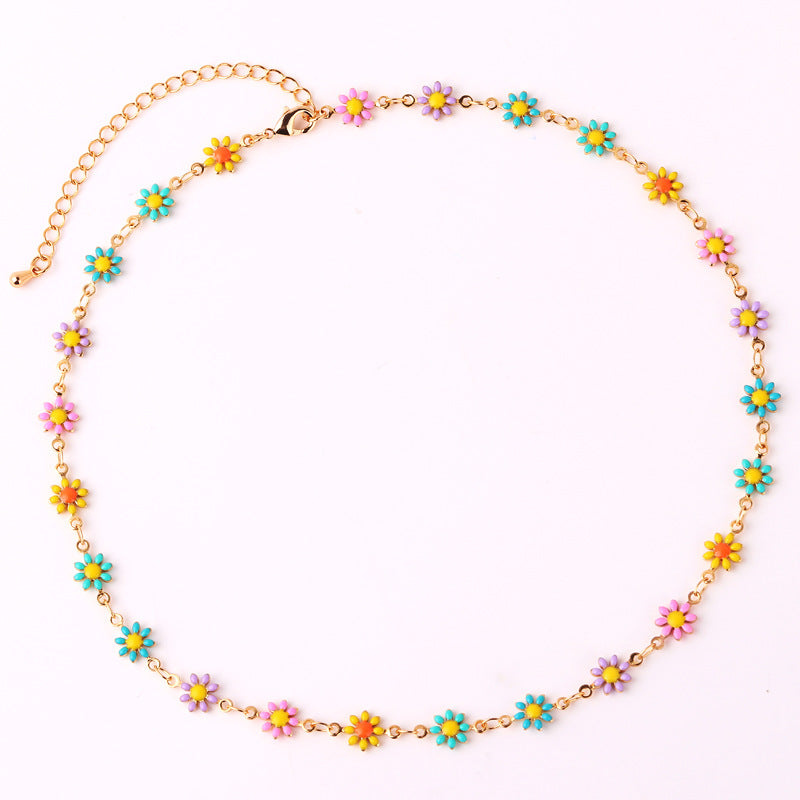 Fashion Daisy Enamel Flower Necklace and Bracelet Set - 18k Gold Plated