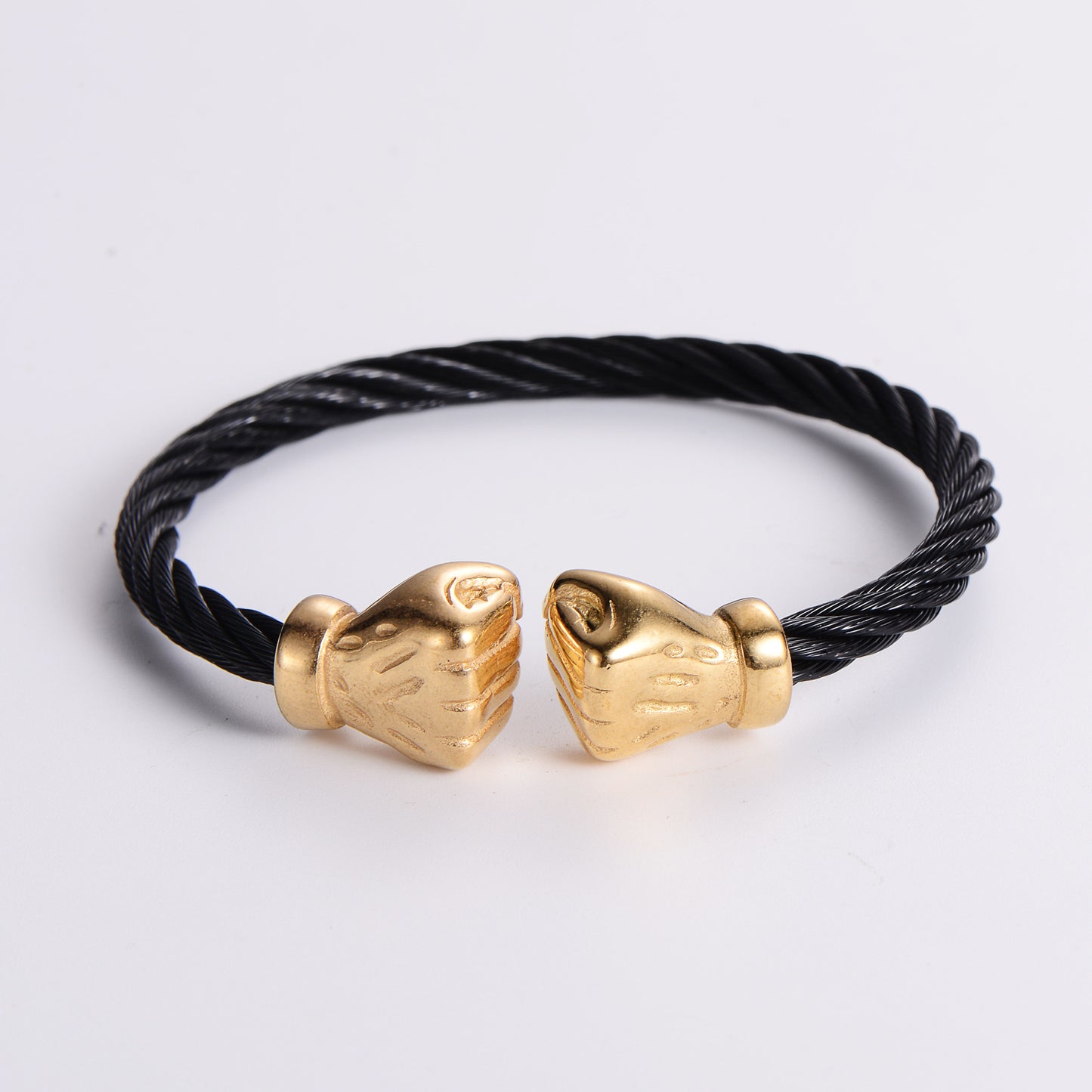 18K Gold Plated Stainless Steel Geometric Pearl Bangle & Men's Open Fist Boxing Gloves Cable Bracelet