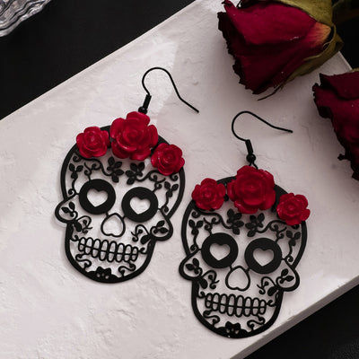 Gothic Rose Heart Skull Hollow Drop Earrings