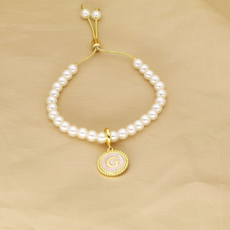 18K Gold Plated Adjustable Letter Pendant Imitation Pearl Bracelet