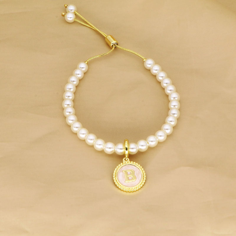 18K Gold Plated Adjustable Letter Pendant Imitation Pearl Bracelet