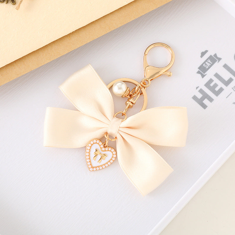 Sweet Heart Bow Knot Fabric Pendant Keychain for Women